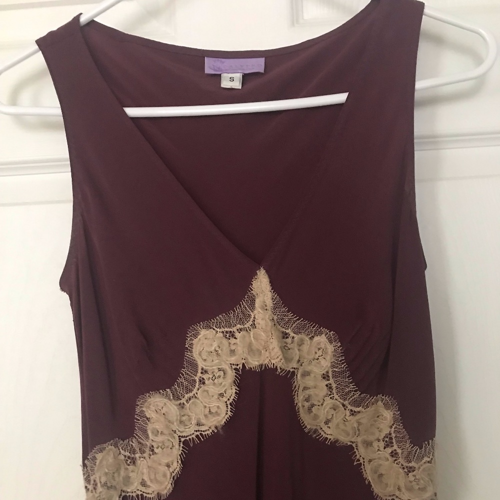 Calypso Christiane Celle long silk dress, Size S, Color Purple with cream trim